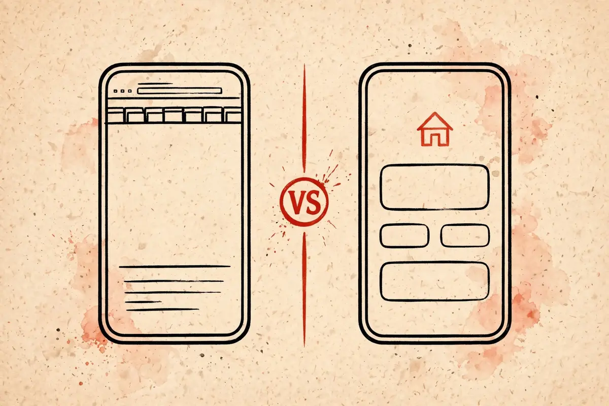 Illustration of two phones side by side, one showing an app and one a browser