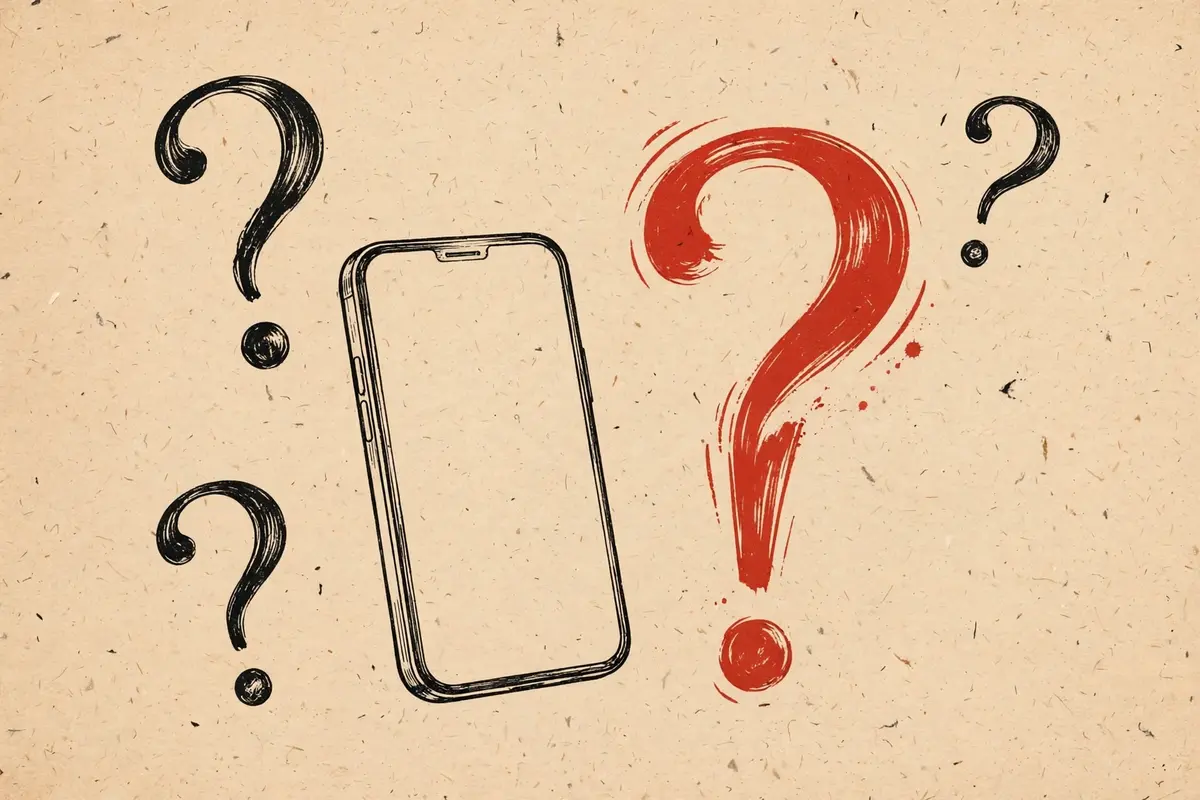 Illustration of a smartphone surrounded by floating question marks