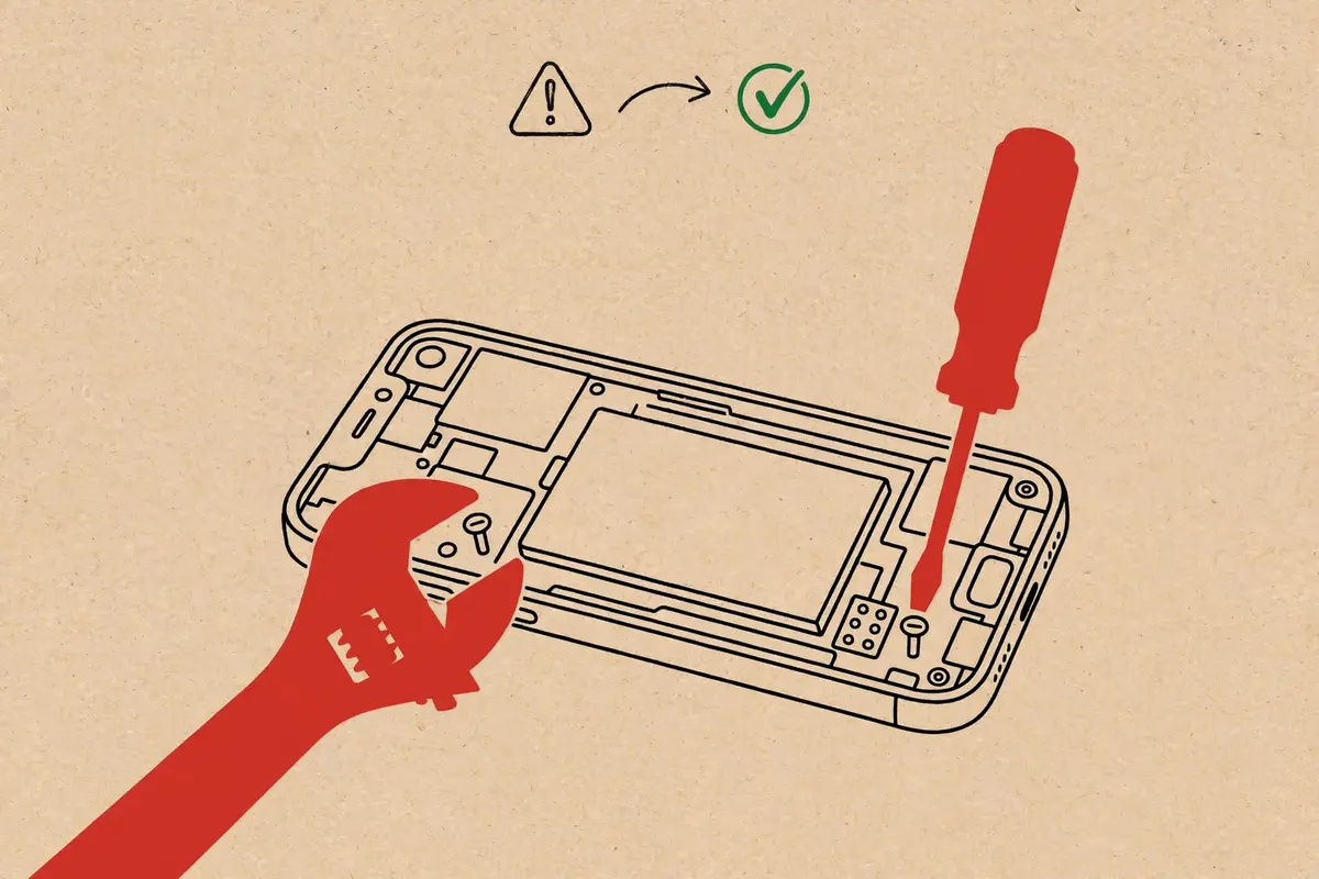 Illustration of tools repairing a smartphone as a warning turns into a checkmark
