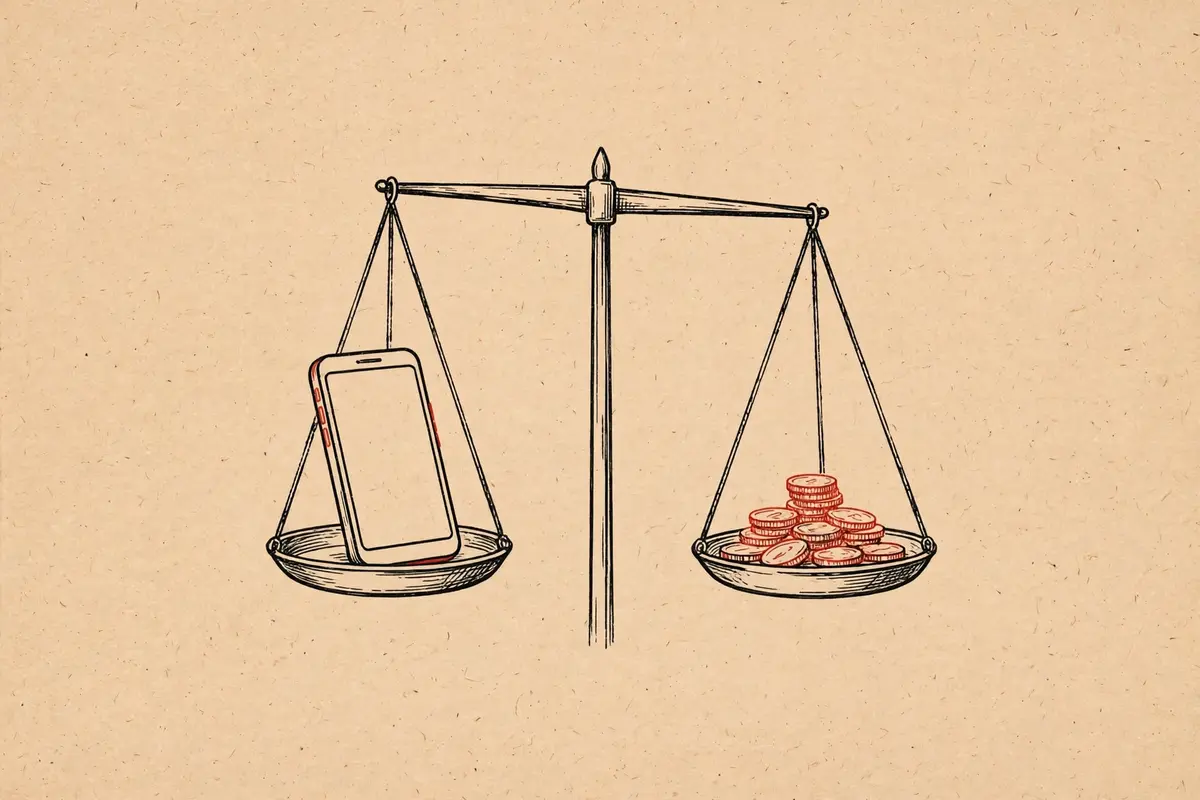 Illustration of a balance scale weighing a smartphone against coins