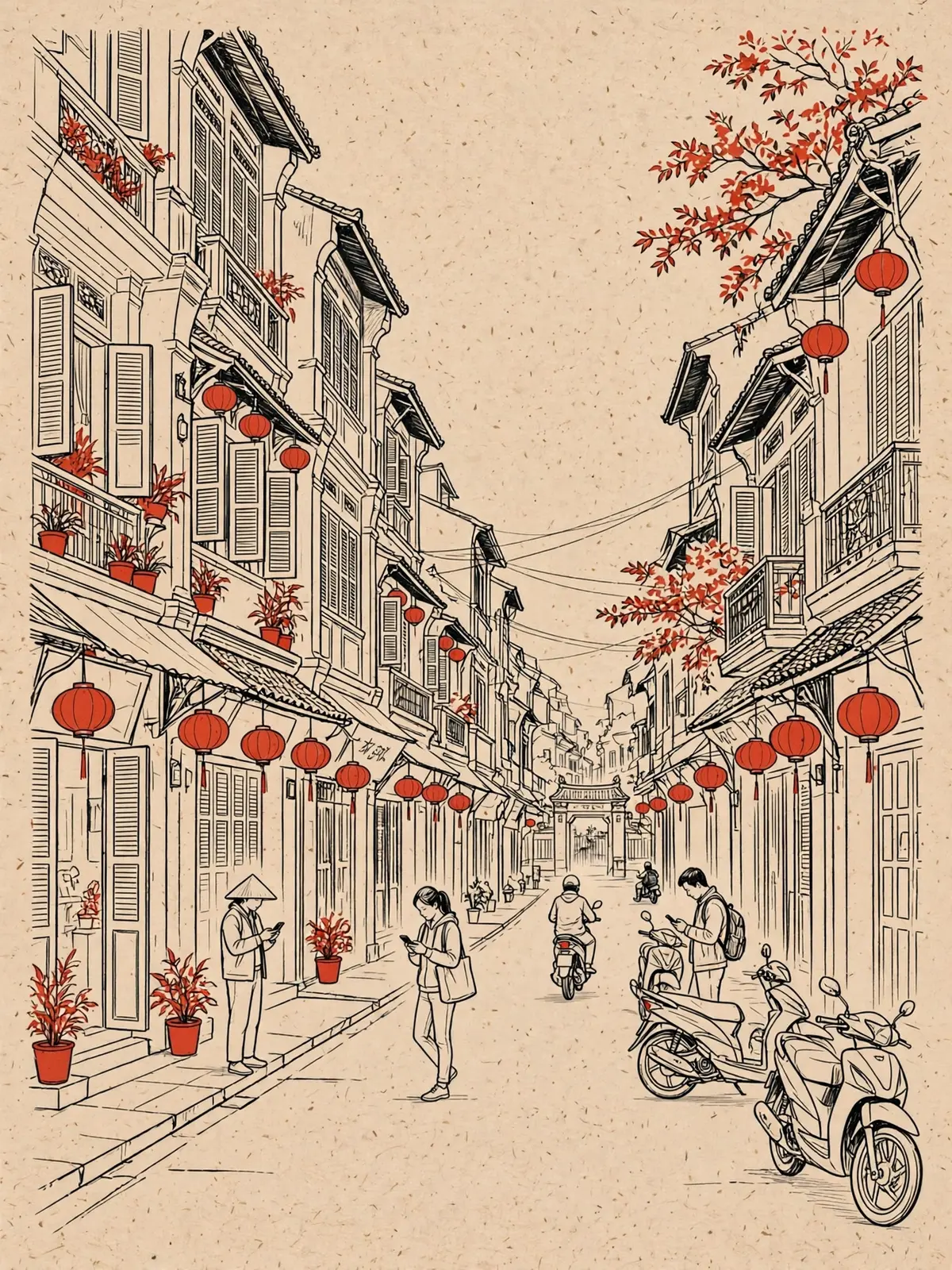 Illustration of a Hanoi old-quarter street with people using smartphones