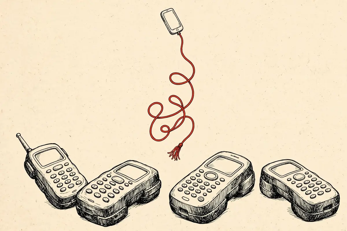 Illustration of a tiny feather-light phone floating among bulky phones