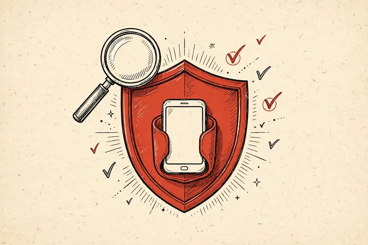Illustration of a vermillion shield protecting a smartphone