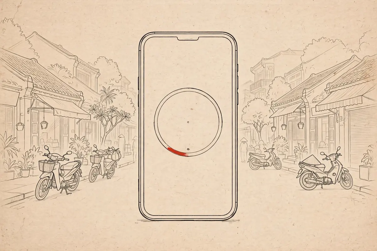 Illustration of a smartphone with a data gauge against a Vietnamese street scene