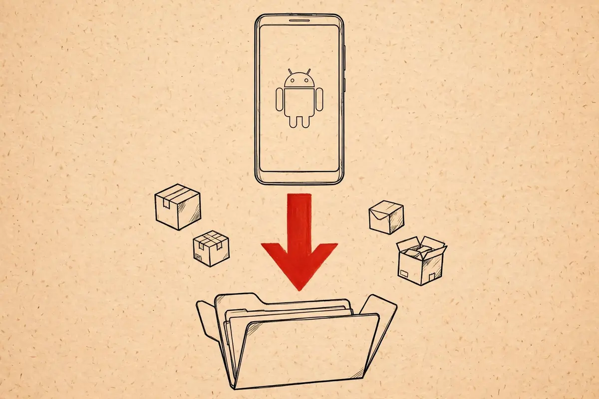 Illustration of a phone with a download arrow landing into an open folder
