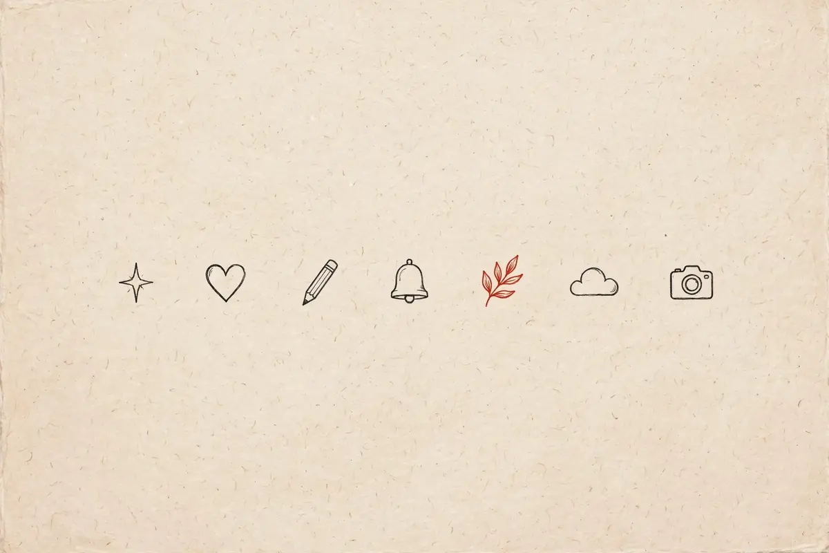 Illustration of a neat row of tiny minimal app icons on a paper sheet