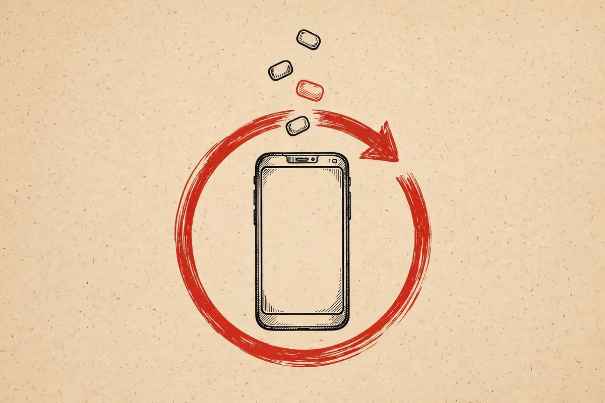 Illustration of a smartphone wrapped in a circular refresh arrow