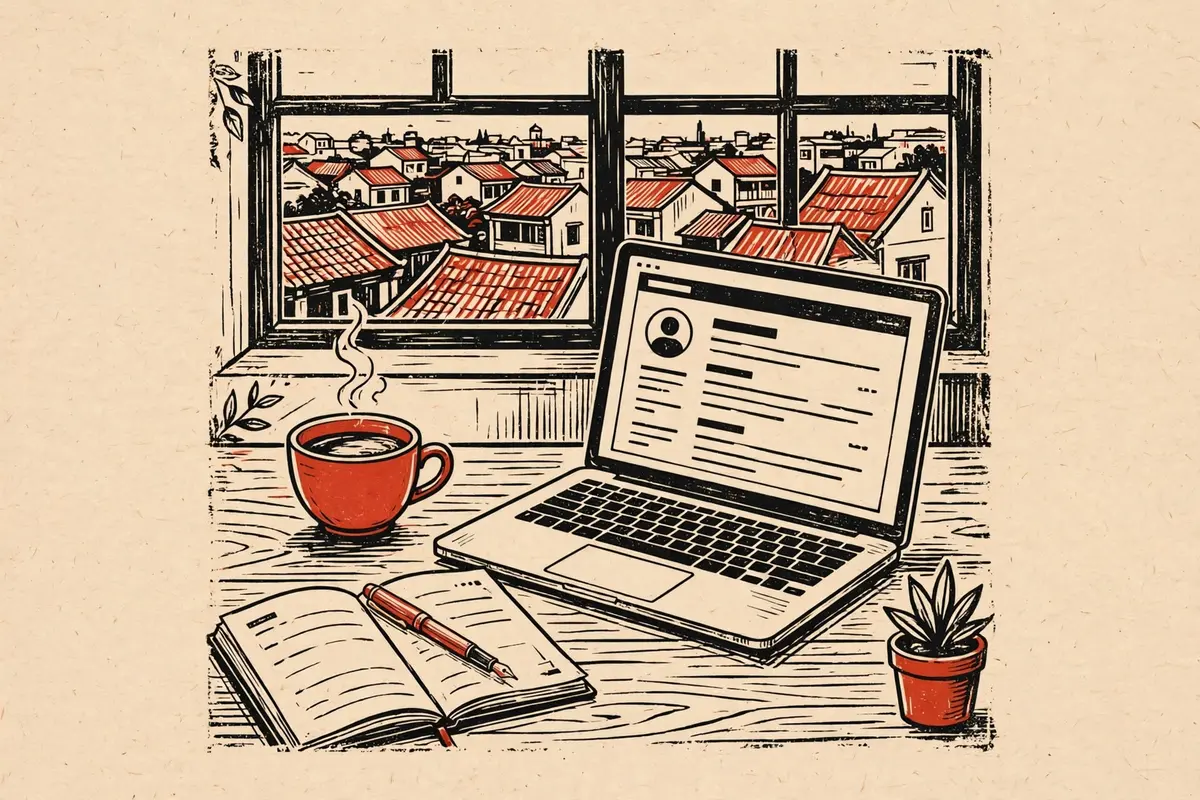 Illustration of a cozy Hanoi writer's desk with a laptop showing a personal blog