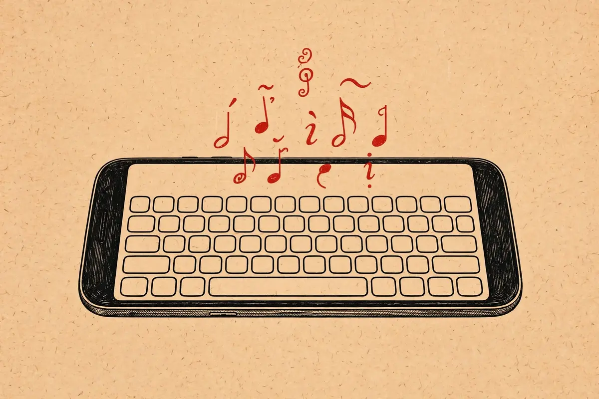 Illustration of an Android phone keyboard with floating tone marks