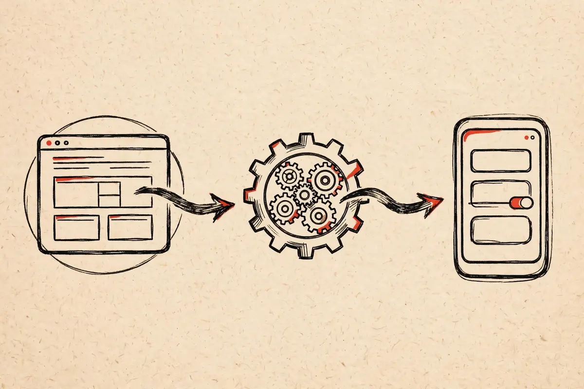Illustration of a website page flowing through gears into a phone app