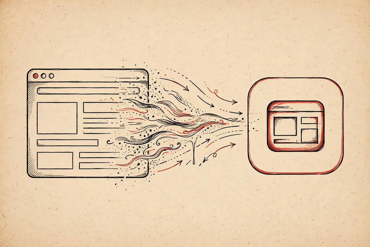 Illustration of a browser window dissolving into a smartphone app shape