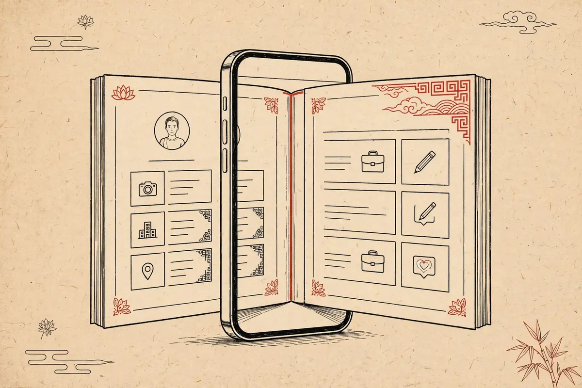 Illustration of a smartphone unfolding like an open book to reveal a website